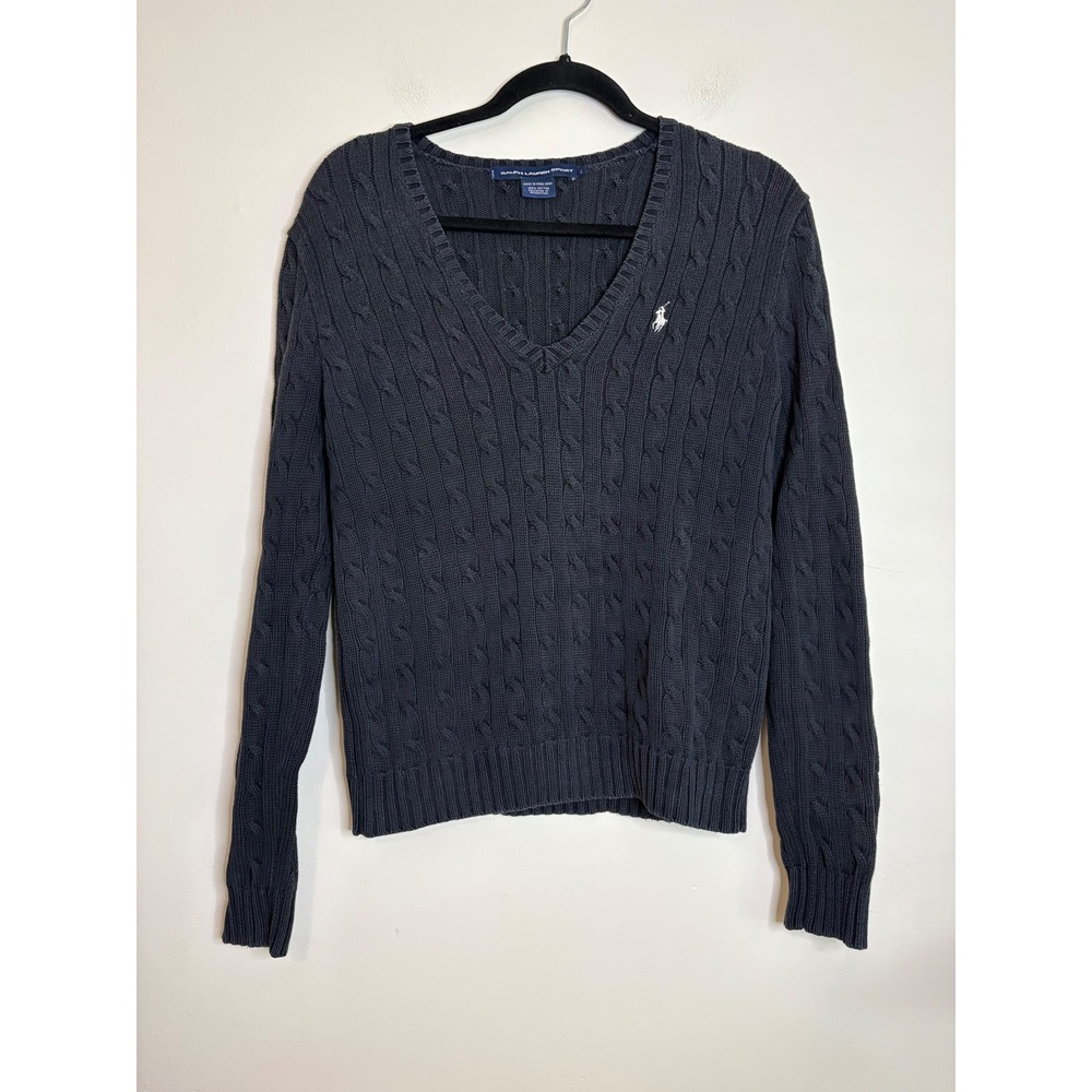 Ralph Lauren Sport Womens V-Neck Cable Knit Sweater Navy Cotton Large